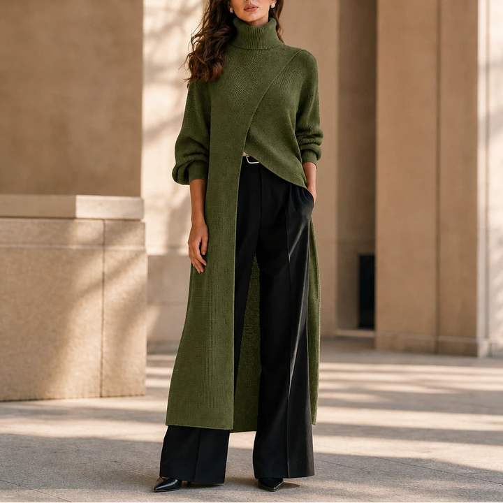Linevera – Pit-Stripe Ribbed Asymmetric Turtleneck Top