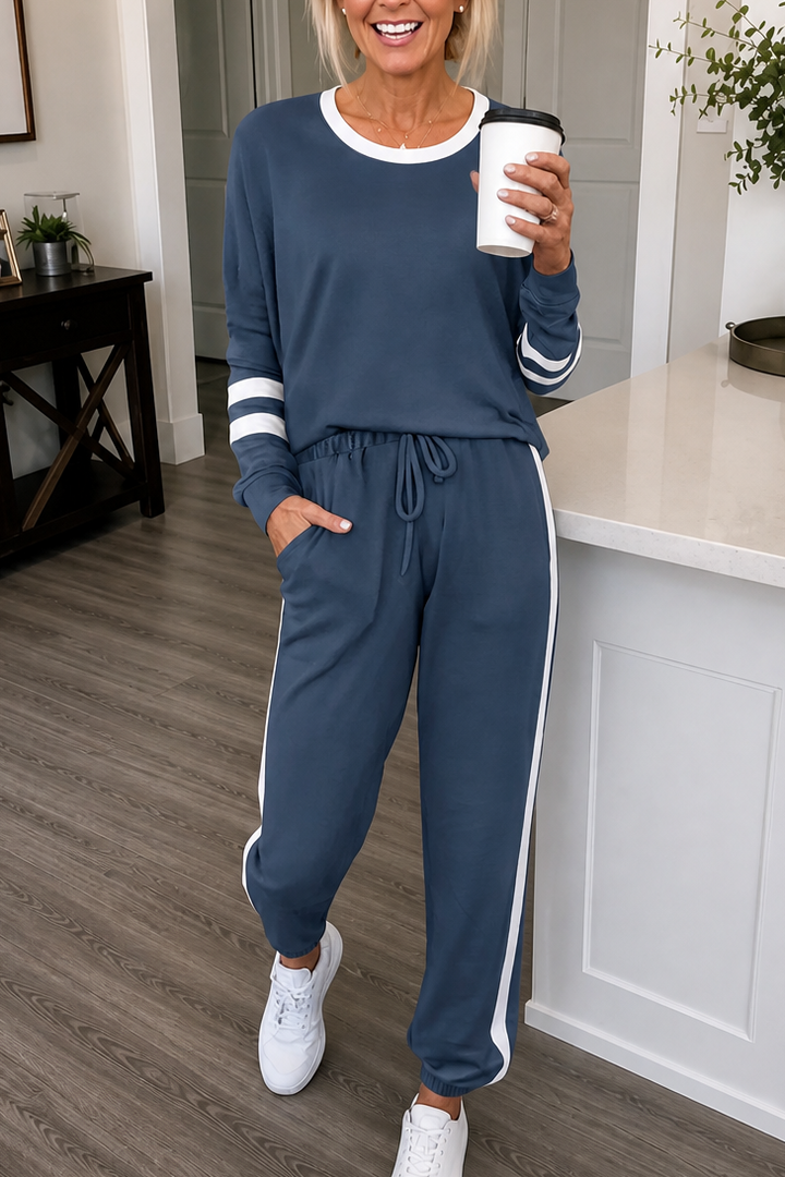 Cozelle – Striped Trim Crewneck Two-Piece Lounge Set