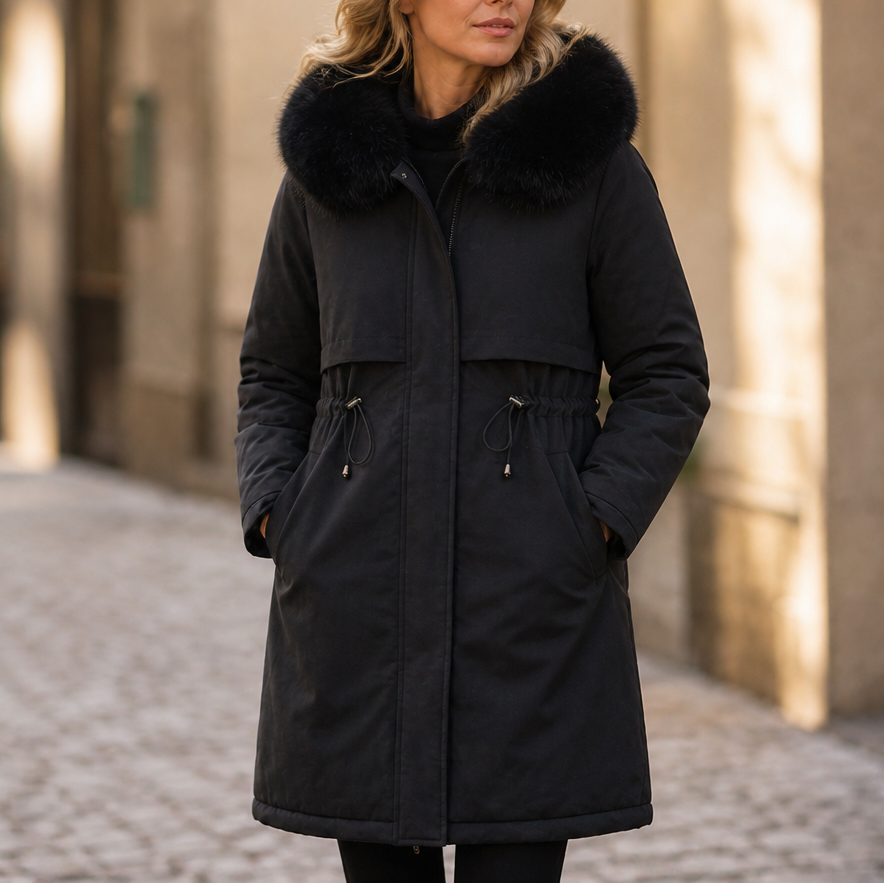 Velora – Hooded Mid-Length Faux-Fur Coat