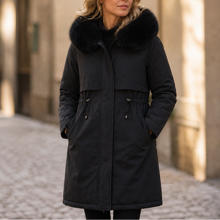 Velora – Hooded Mid-Length Faux-Fur Coat