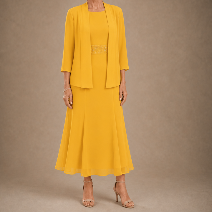 Elowen – Sleeveless Beaded-Waist Chiffon Dress With Jacket