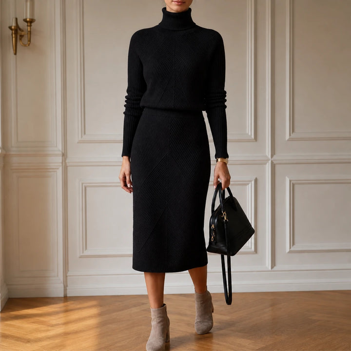 Veluna – Ribbed Turtleneck Sweater And Skirt Set
