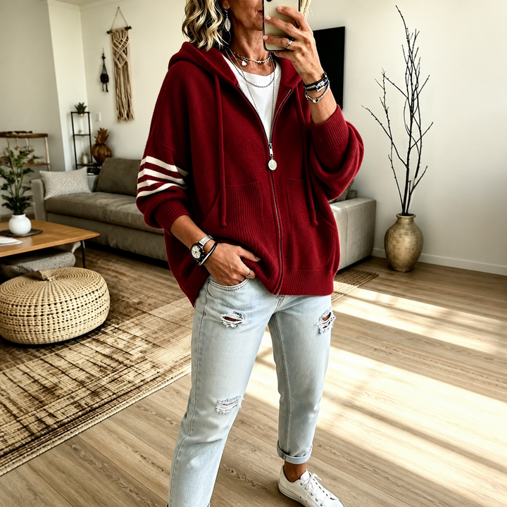 Wearbella – Striped-Sleeve Drop-Shoulder Zip Hoodie
