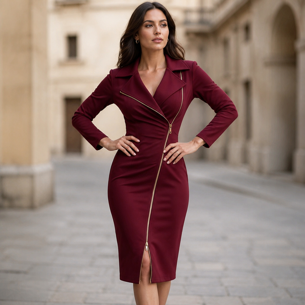 Sliqué – Zip-Front Front-Slit Bodycon Midi Dress