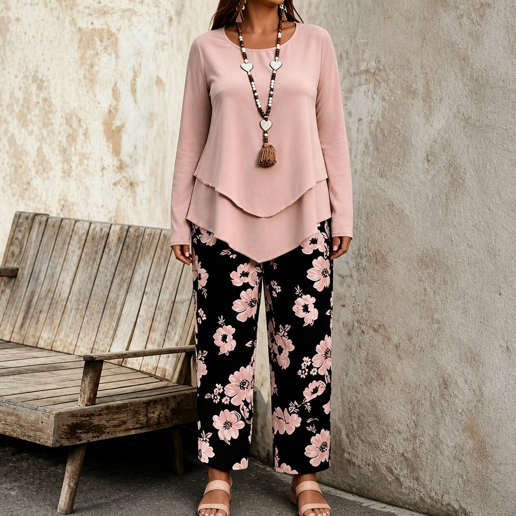Wearbella – Double-Layer Flowy Top And Floral Wide-Leg Set