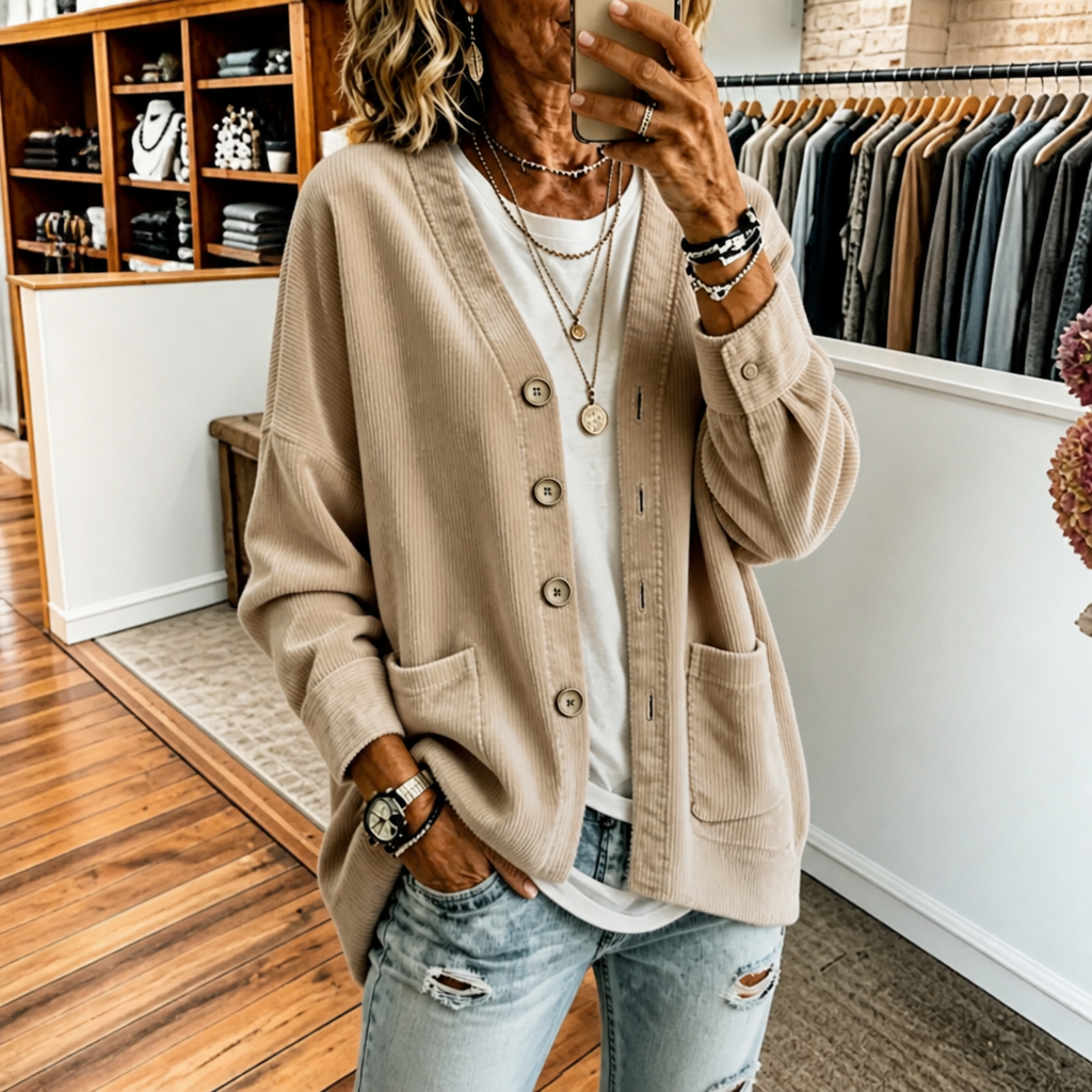 Corduvale – Vertical-Wale Corduroy Open-Front Cardigan