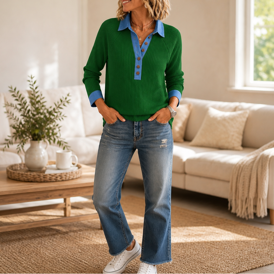 Denimelle – Denim-Trim V-Neck Knit Top