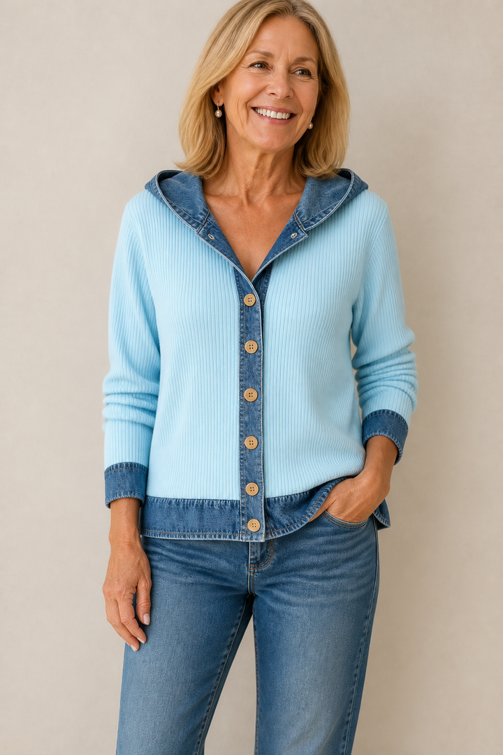 [BrandName] – Denim-Trim Hooded Knit Cardigan