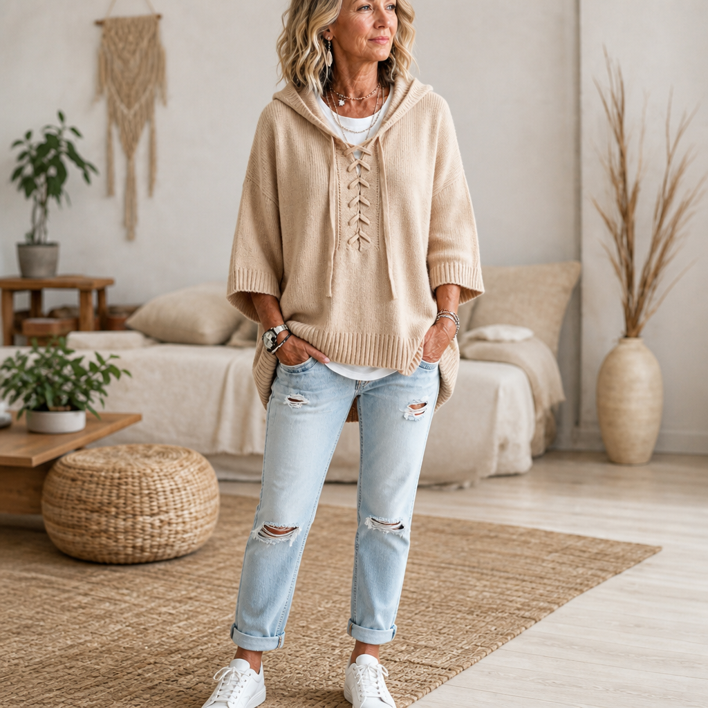 Lunarknit – Lace-Up Deep V Hooded Knit Pullover