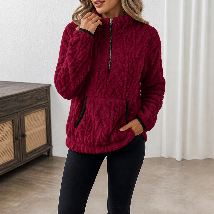 Lunelle – Plush Half-Zip Fleece Pullover With Kangaroo Pocket