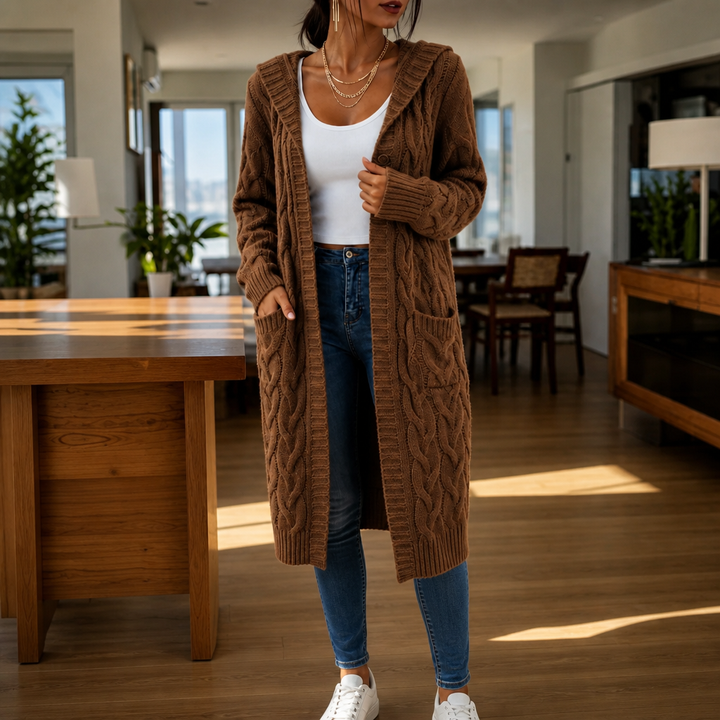 Wrapetta – Hooded Longline Cable-Knit Cardigan