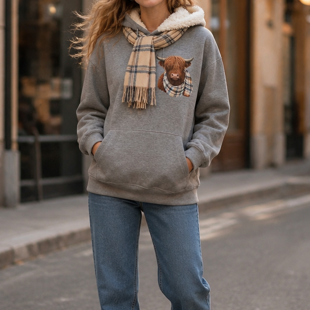 Heatherloch – Highland Cow Print Fleece-Lined Hoodie