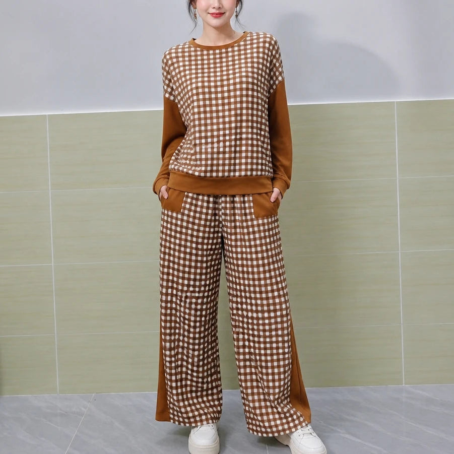 Gingham Ease – Gingham Long-Sleeve Top And Wide-Leg Pants Set