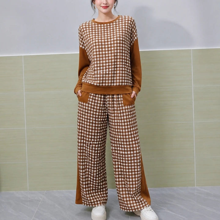 Gingham Ease – Gingham Long-Sleeve Top And Wide-Leg Pants Set