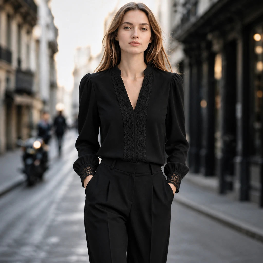 Lacevera – Lace-Trimmed V-Neck Chiffon Blouse