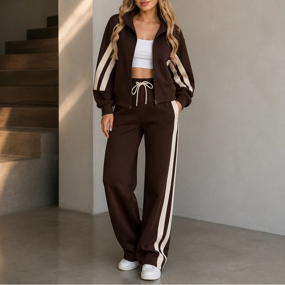 Stride & Set – Cream-Striped Sporty Two-Piece Set