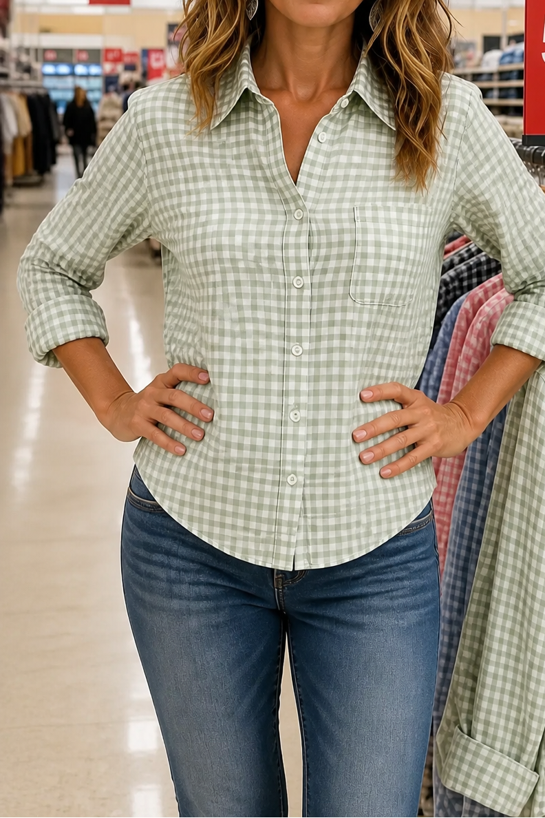 Checkered Long-Sleeve Button-Up Shirt For Women