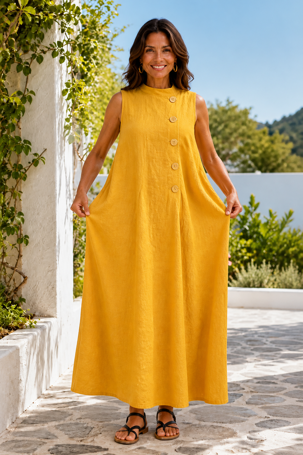 Sunvela – Full-Placket Button-Front Sleeveless Maxi Dress