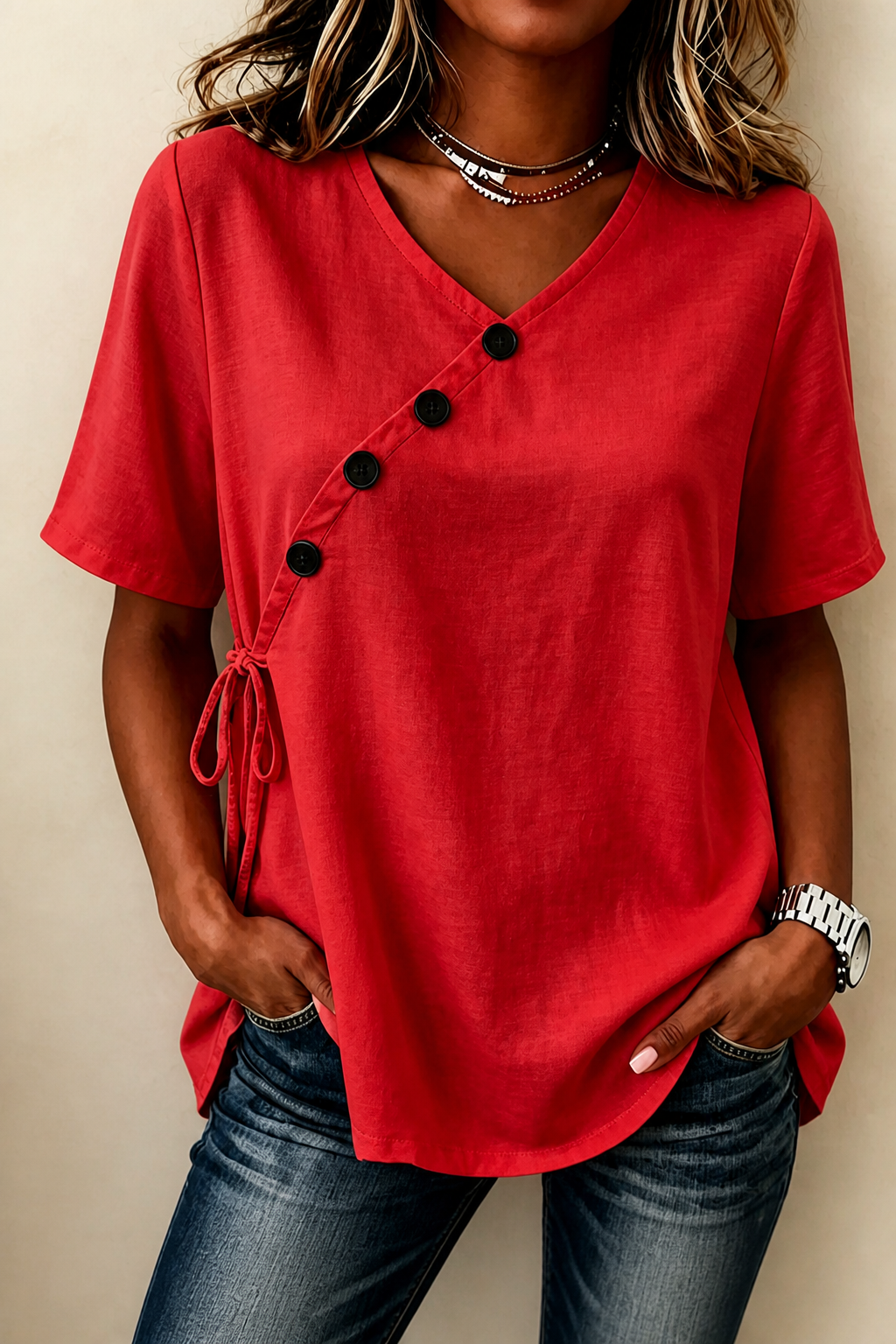 Wearbella – Side-Tie Diagonal-Button V-Neck Top