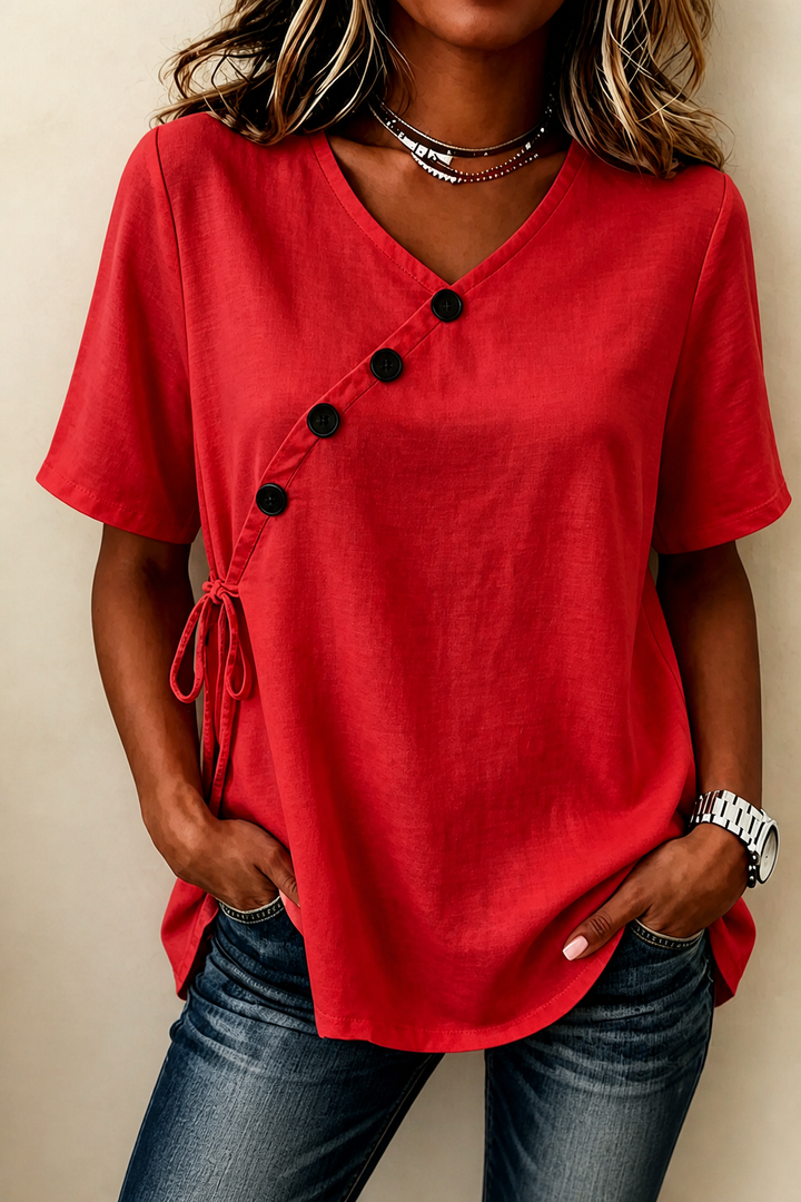 Wearbella – Side-Tie Diagonal-Button V-Neck Top