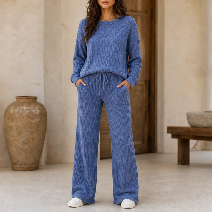 Softhaven – Ribbed Drop-Shoulder Sweater And Wide-Leg Pants Set