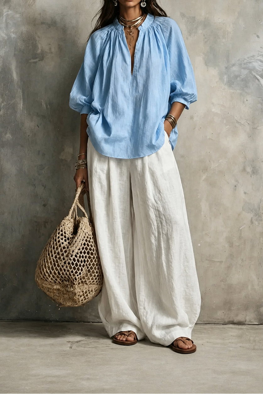 Amselle – Ruched Collar Blouse And Wide Leg Pants Set