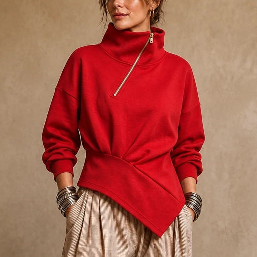 Velaire – Asymmetric Diagonal-Zip High-Neck Sweatshirt