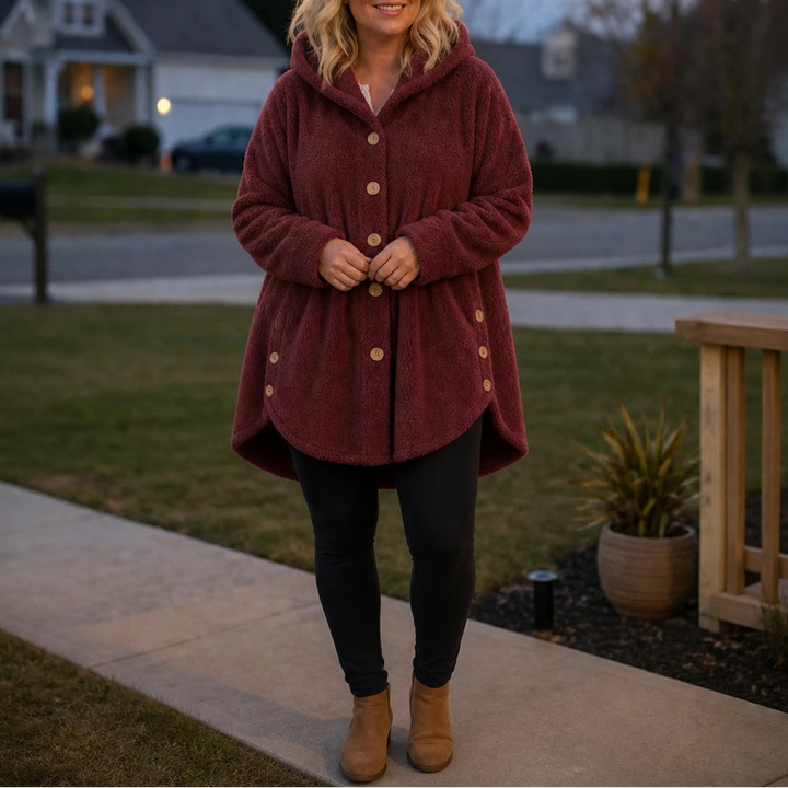Cozy Button – Asymmetrical Hem Hooded Fleece Coat
