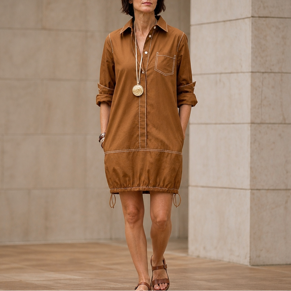 Collara – Lapel Collar Half-Sleeve Midi Dress