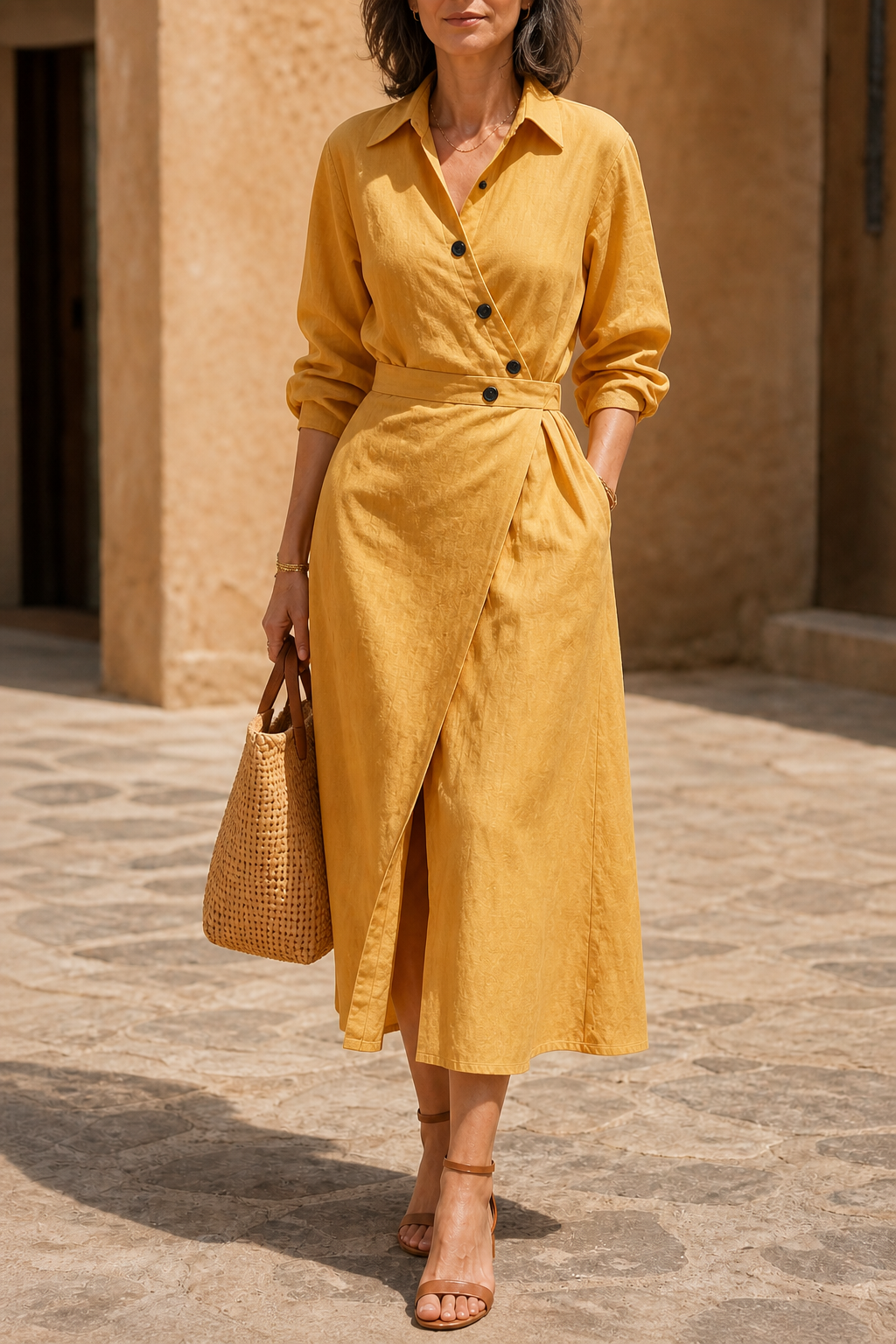 Wrapdaily – Wrap-Belt A-Line Midi Shirt Dress With Pockets