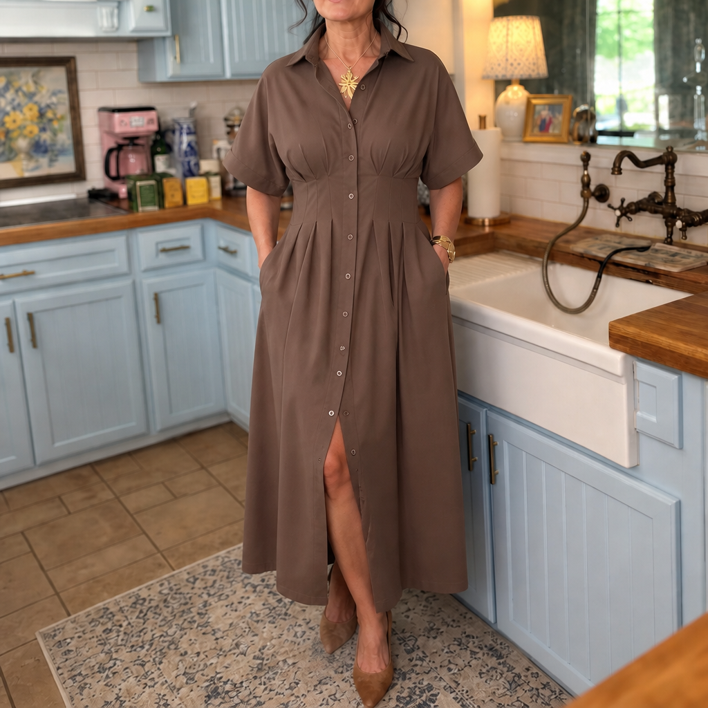 Solmara – Pleated Waist Button-Front Maxi Shirt Dress