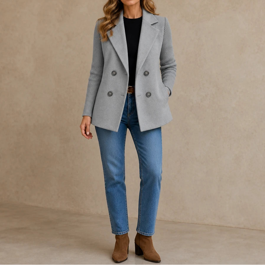 Celeste – Suede-Look Double-Breasted Knit-Sleeve Jacket