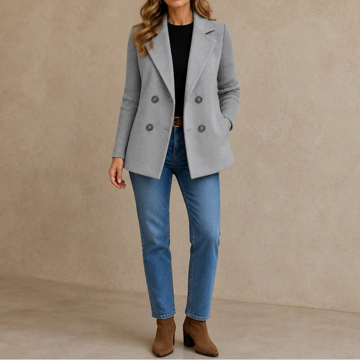 Celeste – Suede-Look Double-Breasted Knit-Sleeve Jacket