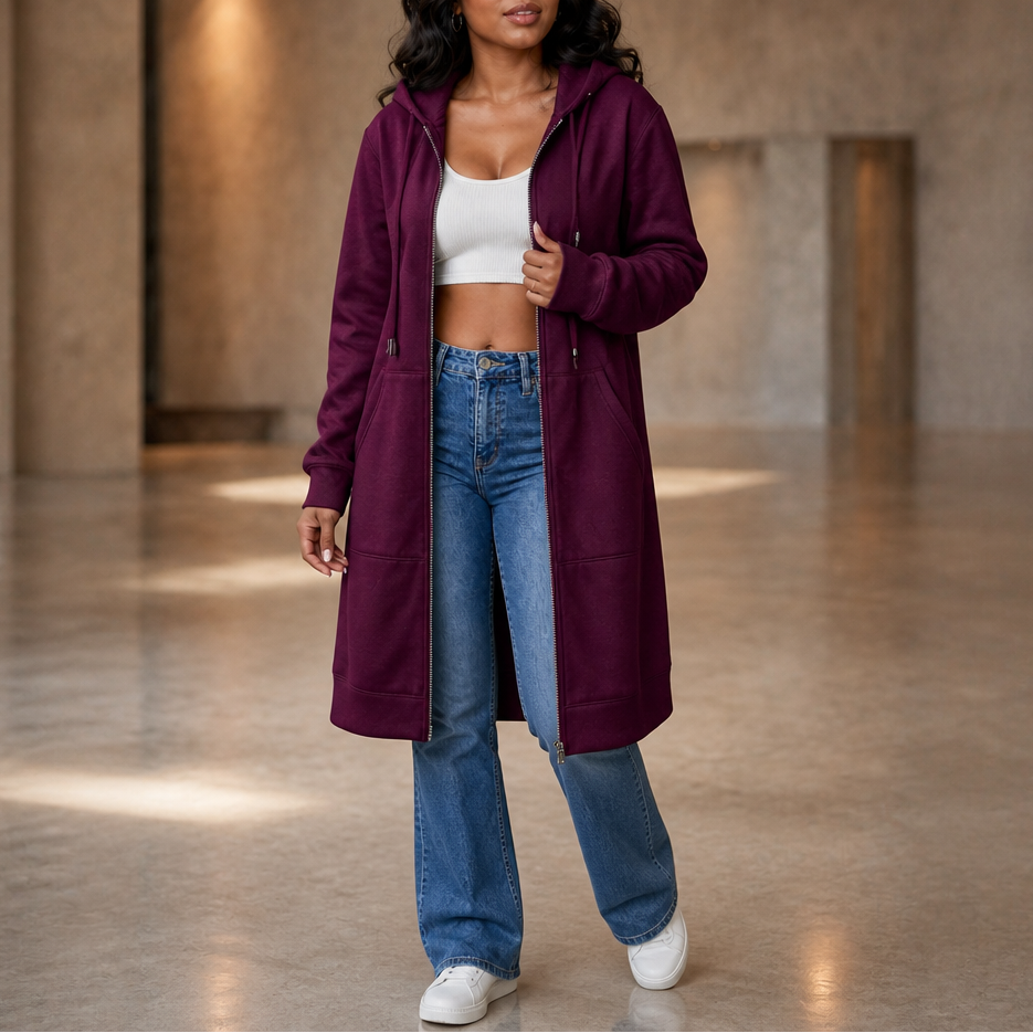 Cozyline – Fleece-Lined Tunic-Length Zip-Up Hoodie