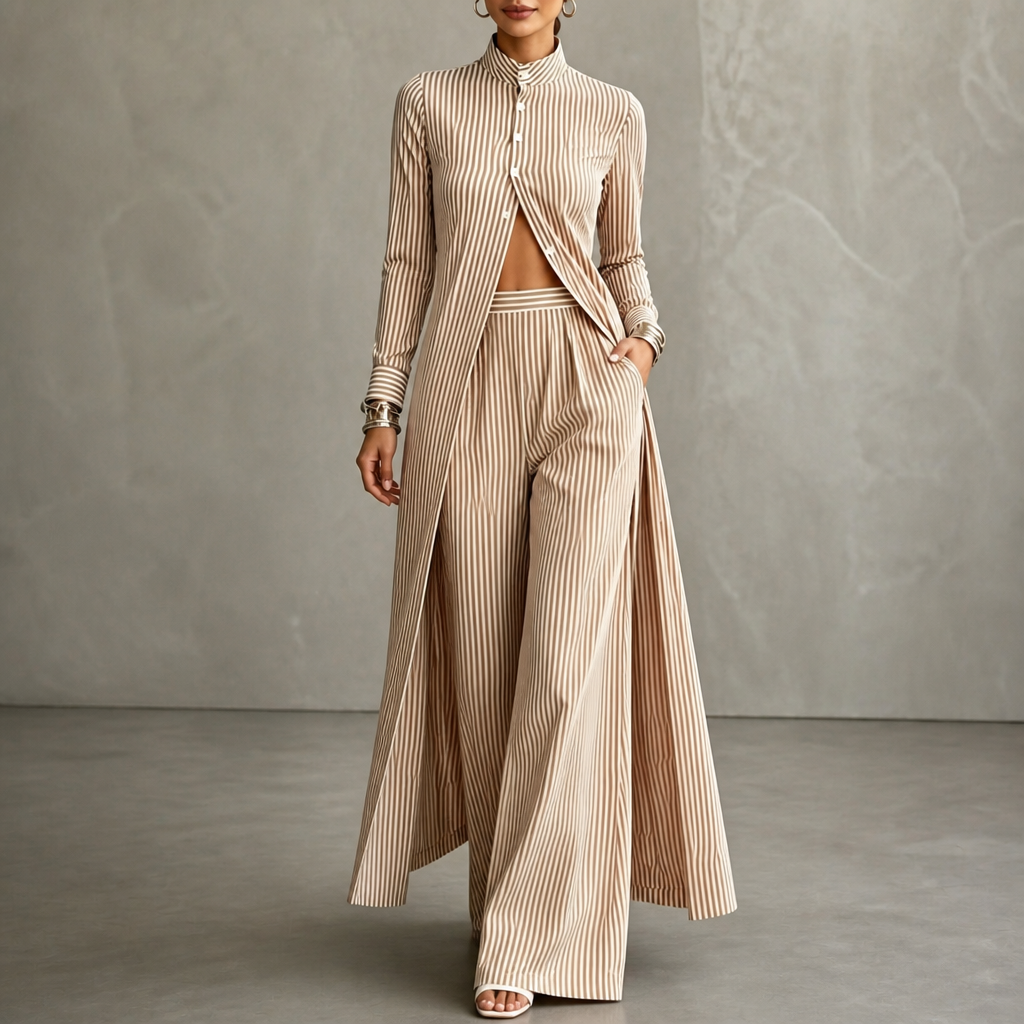 Wearbella – High-Low Striped Shirt And Wide-Leg Pants Set