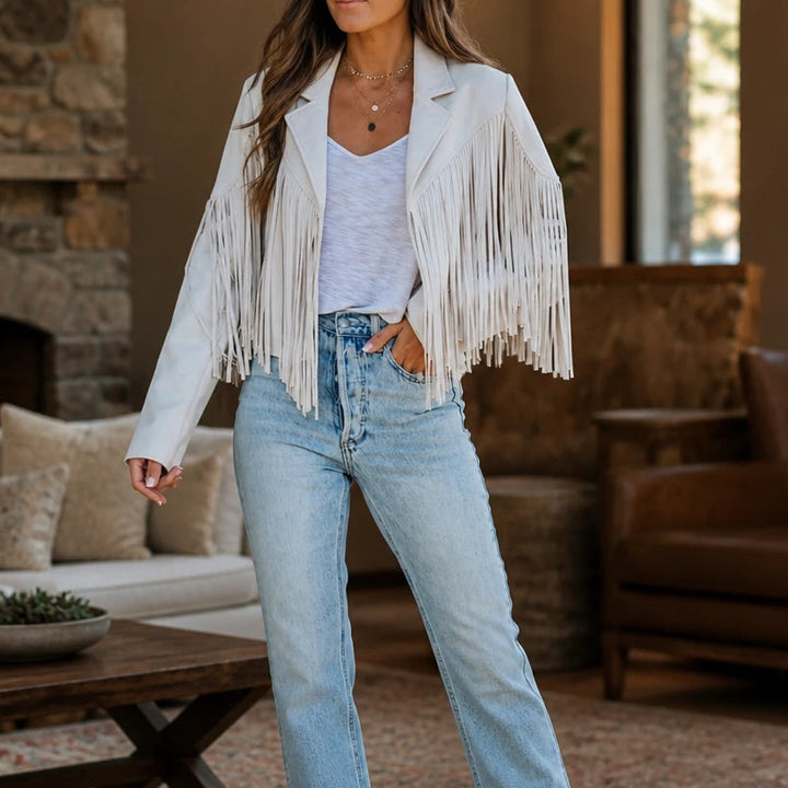Fringe & Form – Laser-Cut Fringe Cropped Moto Jacket