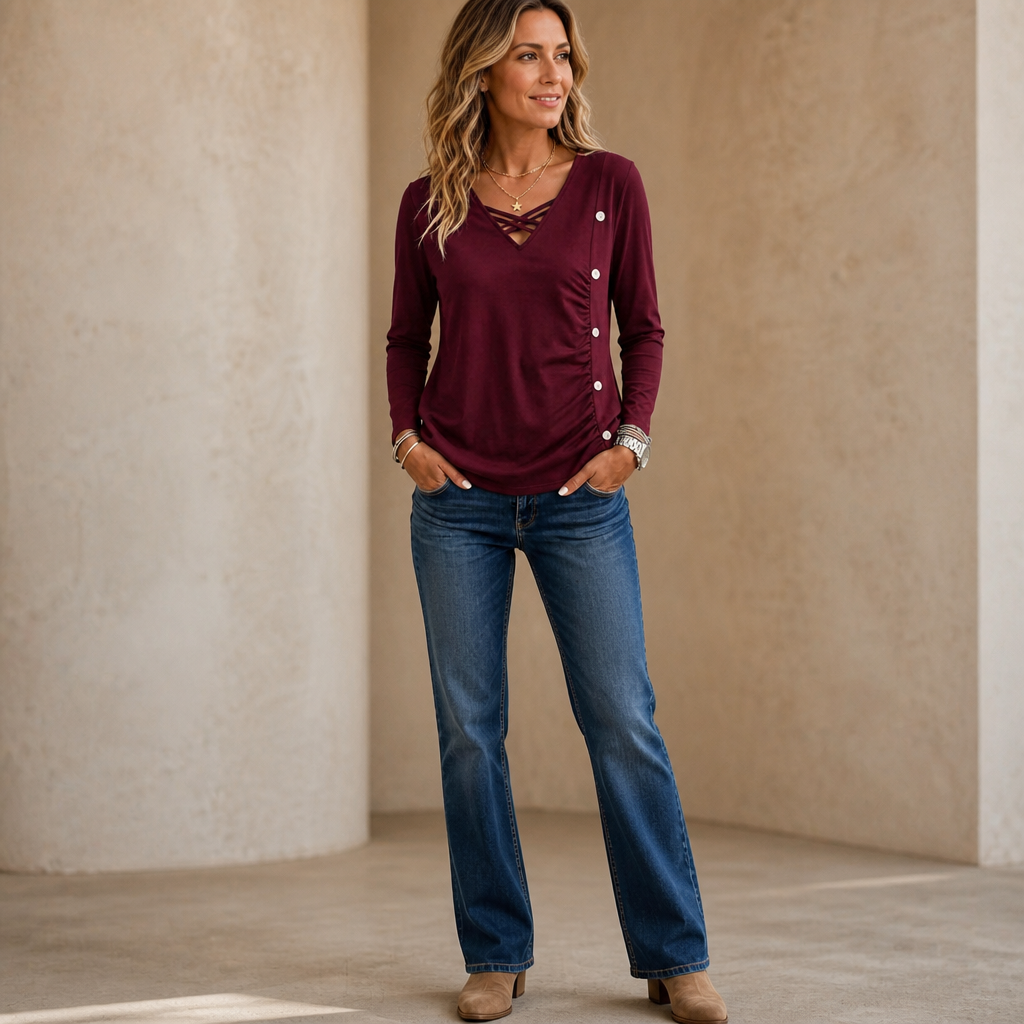 Ruchelle – Crisscross V-Neck Side-Ruched Top