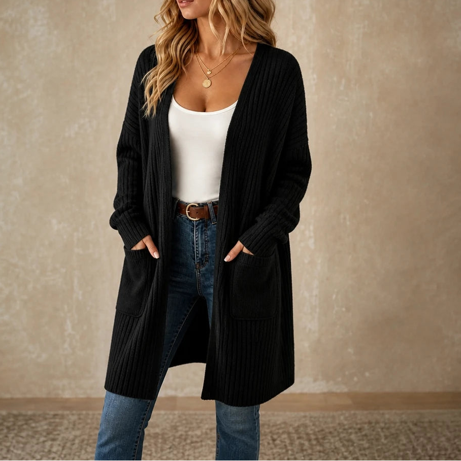 Aurelle – Long Ribbed Open-Front Cardigan