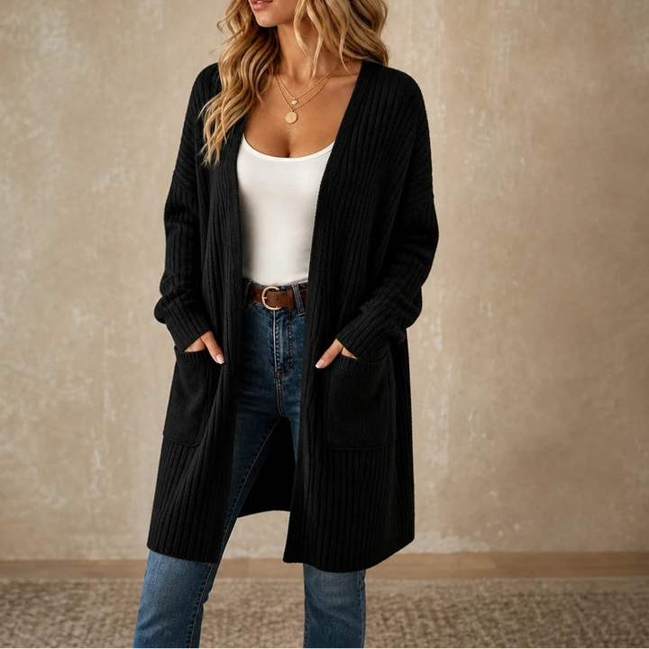 Aurelle – Long Ribbed Open-Front Cardigan