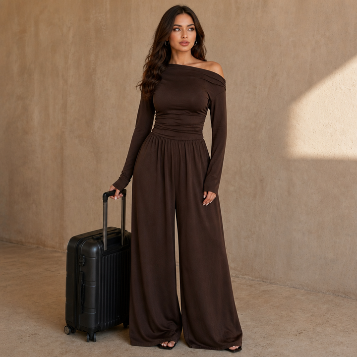 Wearbella – Off-Shoulder Ruched Wide-Leg Jumpsuit