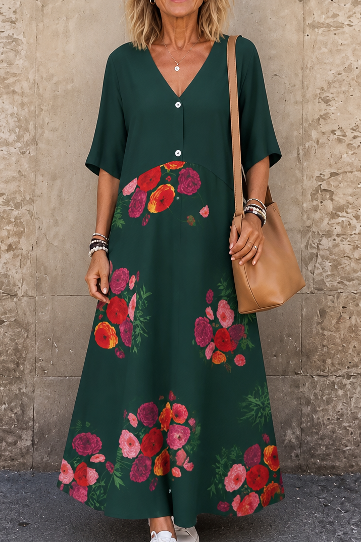 Lineluxe – V-Neck Button-Up Flowy Maxi Dress