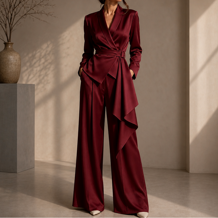 Drapevera – Buckle-Belted Wrap Blazer And Wide-Leg Trouser Set