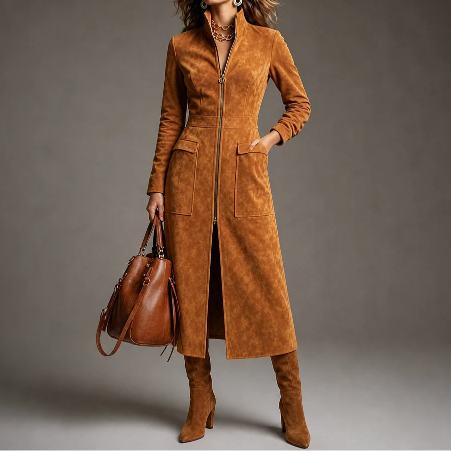 Velora – Fitted Stand-Collar Longline Coat