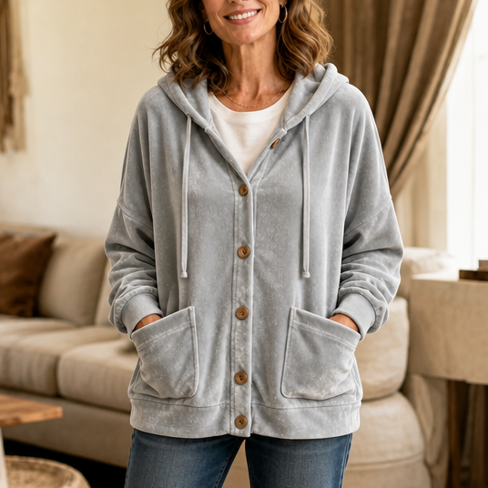 Coziva – Hooded Button-Front Velour Cardigan