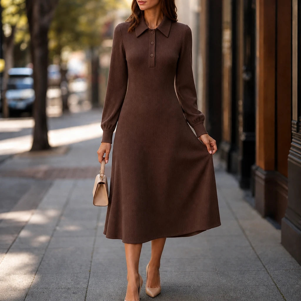 Lapella – Ribbed Knit Lapel Collar Midi Dress