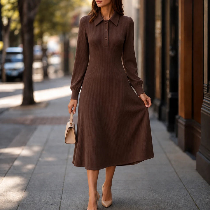 Lapella – Ribbed Knit Lapel Collar Midi Dress