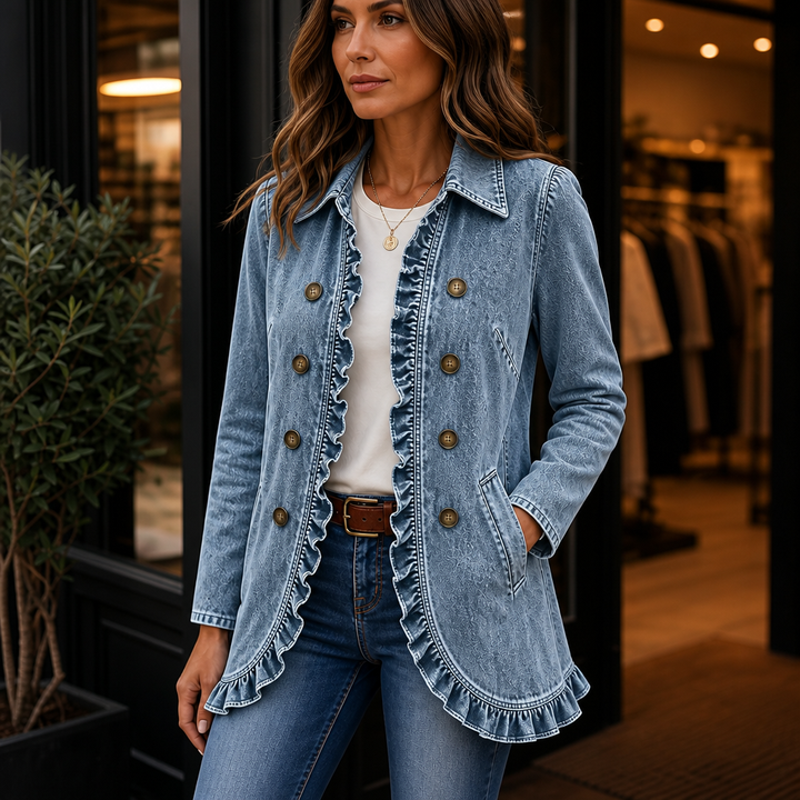 Ruffle & Row – Ruffle-Trim Button-Front Denim-Look Jacket