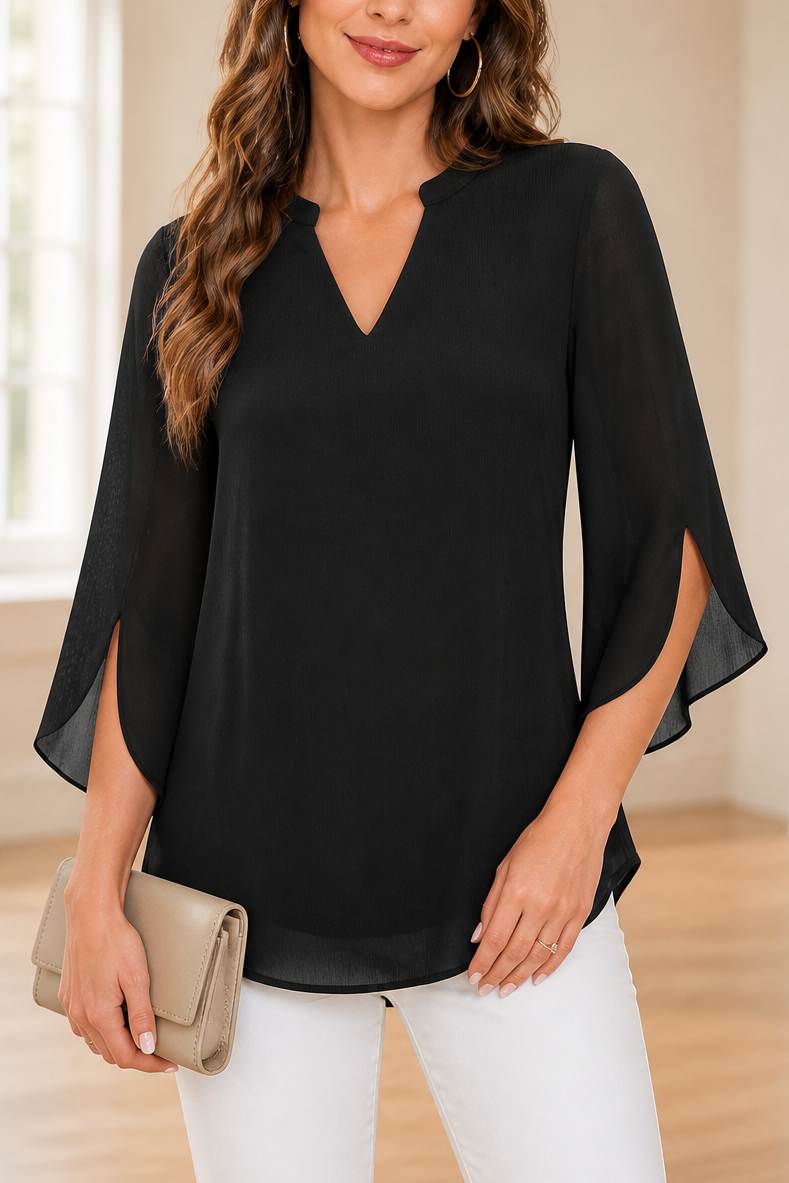 Petalwren – Layered Petal-Sleeve V-Neck Chiffon Top