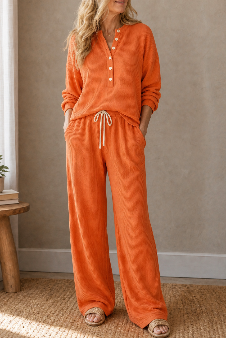 Waffwell – Waffle-Look Drawstring Lounge Set