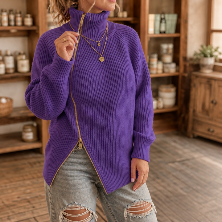 Wearbella – Asymmetric Zip Ribbed Knit Sweater